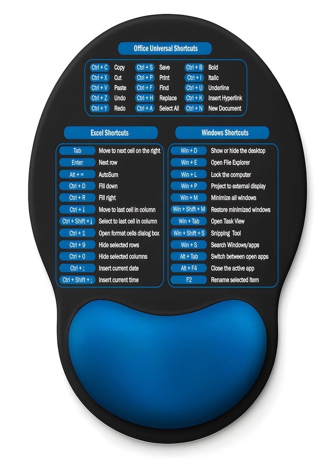 Senetem Mouse Pad with Wrist Rest - Ergonomic Memory Foam Support, Small Cute Excel Cheat Sheet Mousepad with Windows & Office Shortcuts, Non-Slip PU Base, for Computer Desk Laptop Travel, Black Blue - Image 1