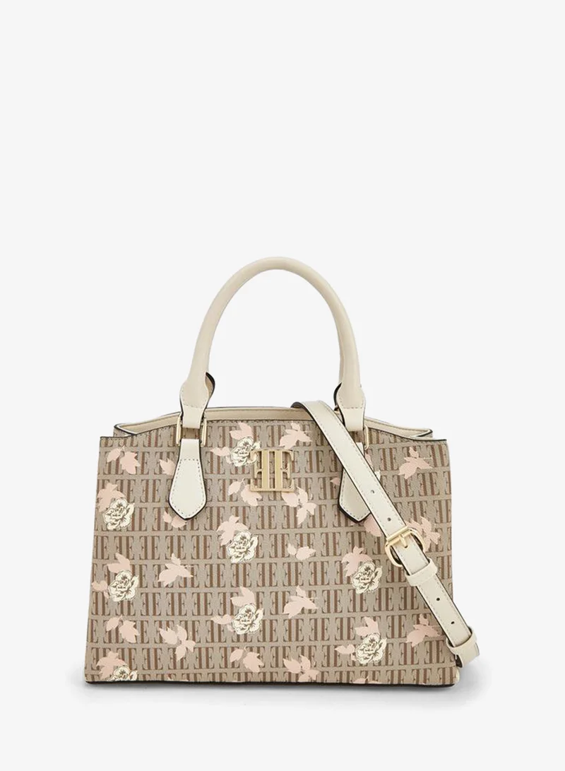ELLE Floral Monogram Print Tote Bag With Detachable Strap