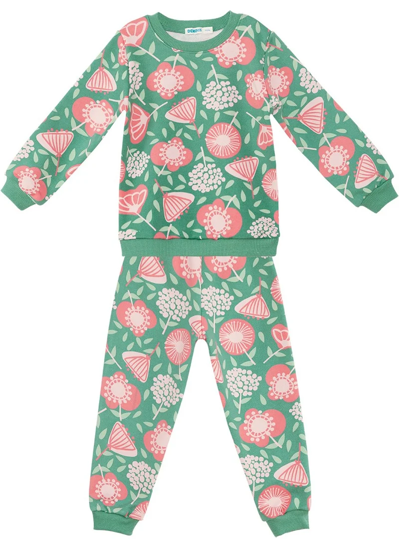 Denokids Pink Flowered Baby Girl Green Tracksuit