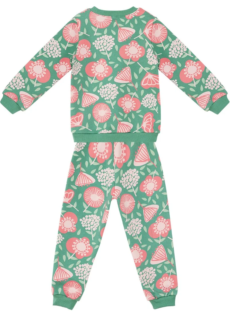 Denokids Pink Flowered Baby Girl Green Tracksuit
