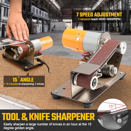 NuoDunco 3-In-1 Mini Belt Sander - 15 Degree Knife Sharpener Electric Bench Grinder Sanding Machine, 7 Adjustable Speed Buffer Polisher for Metal Wood DIY Handcraft, Tool & Knife Sharpening (Plus Kit) - Image 3