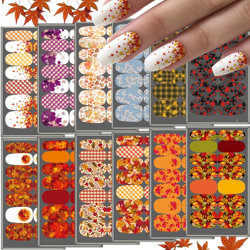 Gorvalin 12 Sheets Maple Leaf Fall Nail Wraps SelfAdhesive Art Stickers Decals Strips Polish for Women Girls DIY Decoration