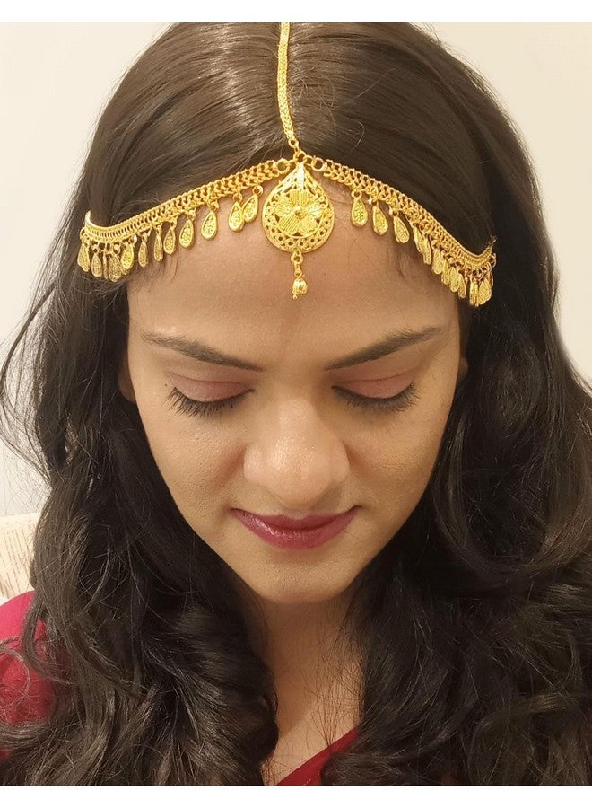 Efulgenz Gold Tone Indian Jewelry for Women Dubai Style Matha Patti Indian Gold Tone Floral Maang Tikka Indian Bridal Jewelry for Wedding Fashion Jewelry, Adjustable, Metal, No Gemstone - Image 3