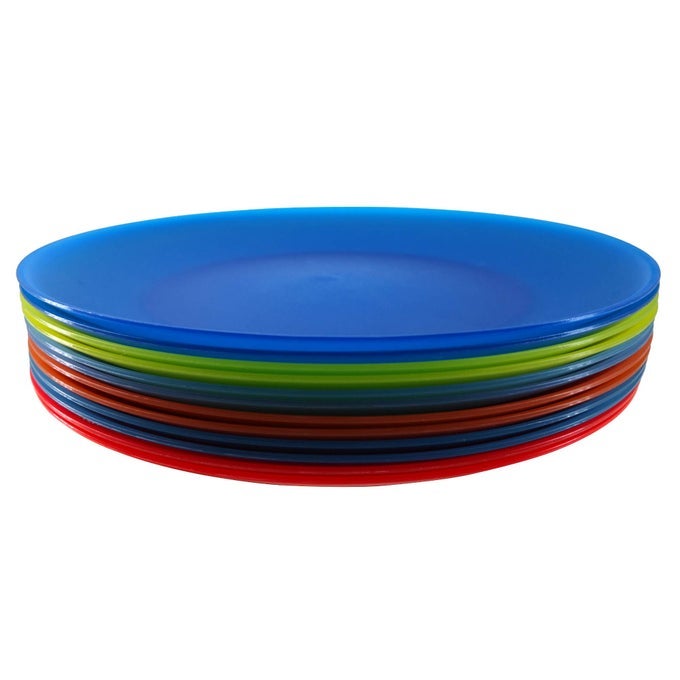 PLASTIC DINNER PLATES REUSABLE UNBREAKABLE LIGHTWEIGHT FLAT PLATES 10 INCH BPA FREE DISHWASHER SAFE MICROWAVE COLORFUL PLATE SET OF 12 FOR KIDS KITCHEN CAMPING OUTDOOR