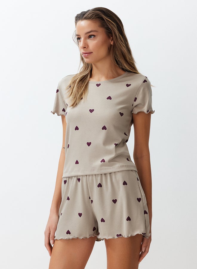 trendyol Mint Heart Slogan Printed Elastic Ribbed Knitted Pajama Set THMSS24PT00220 - Image 2