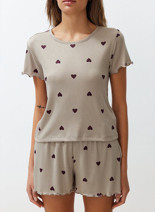 trendyol Mint Heart Slogan Printed Elastic Ribbed Knitted Pajama Set THMSS24PT00220 - Image 4