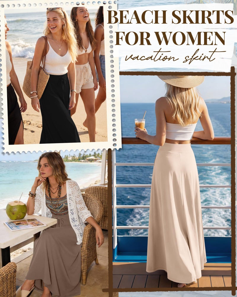 Riyiper 3 Pack Women's Maxi Skirts Long Skirts with Pockets High Waist a Line Drawstring Ankle Length Flowing Casual Summer(Black, Coffee, Apricot,Medium) - Image 2