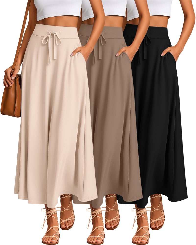 Riyiper 3 Pack Women's Maxi Skirts Long Skirts with Pockets High Waist a Line Drawstring Ankle Length Flowing Casual Summer(Black, Coffee, Apricot,Medium) - Image 1