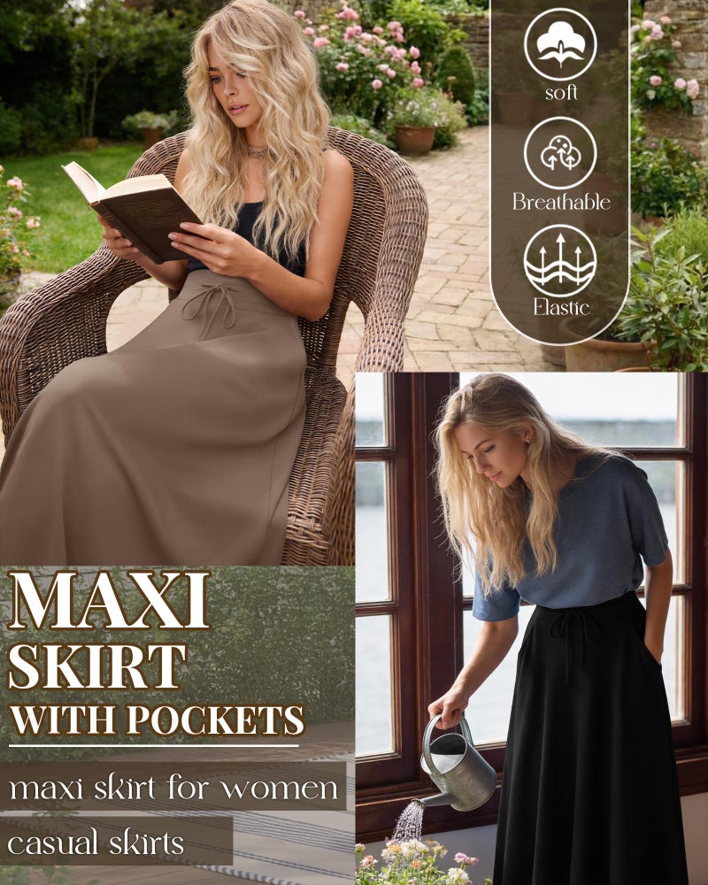 Riyiper 3 Pack Women's Maxi Skirts Long Skirts with Pockets High Waist a Line Drawstring Ankle Length Flowing Casual Summer(Black, Coffee, Apricot,Medium) - Image 4