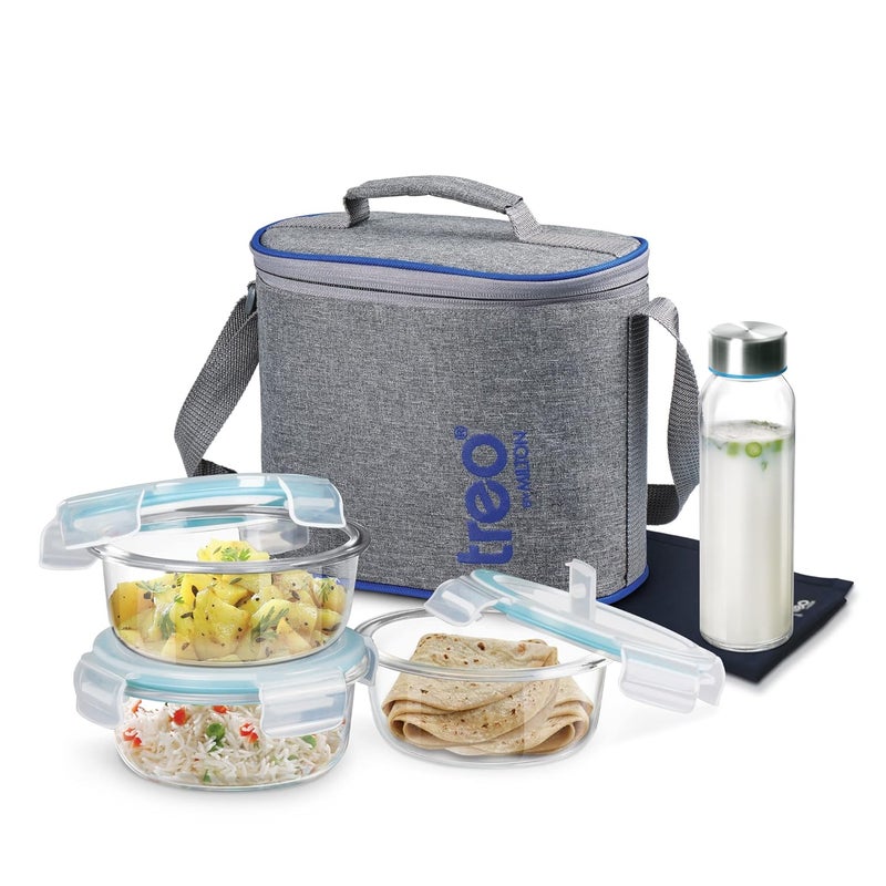 TREO by Milton All Fresh Premier Glass Lunch Box, Set of 5 (3 Round Containers 400 Ml Each; Bottle, 250 Ml & Dinning Mat) with Bag, Microwave & Dishwasher Safe, Leak Proof, Borosilicate Tiffin - Image 1