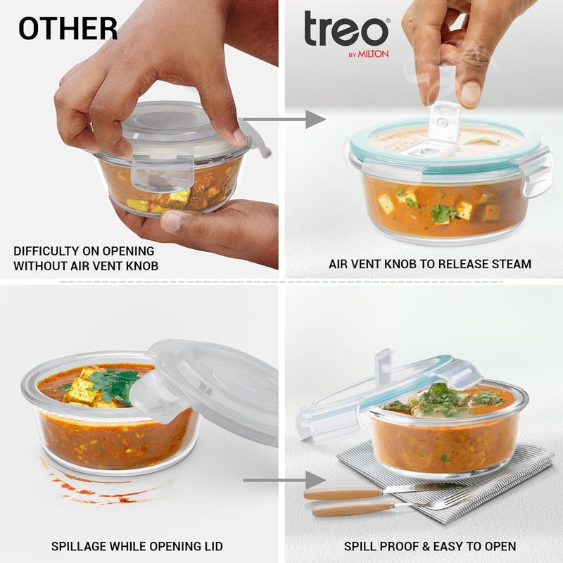 TREO by Milton All Fresh Premier Glass Lunch Box, Set of 5 (3 Round Containers 400 Ml Each; Bottle, 250 Ml & Dinning Mat) with Bag, Microwave & Dishwasher Safe, Leak Proof, Borosilicate Tiffin - Image 2