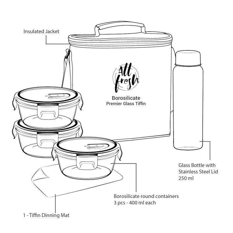 TREO by Milton All Fresh Premier Glass Lunch Box, Set of 5 (3 Round Containers 400 Ml Each; Bottle, 250 Ml & Dinning Mat) with Bag, Microwave & Dishwasher Safe, Leak Proof, Borosilicate Tiffin - Image 5