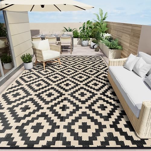OLANLY Waterproof Outdoor Rug 9x12 ft Outdoor Plastic Straw Rug for Camping RV Mat Outside Outdoor Carpet for Porch Deck Backyard Balcony Picnic Black Beige
