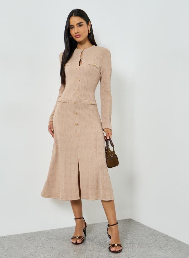 Take Two Women's Solid Texture Button Front Long Sleeve Midi Dress - Image 4