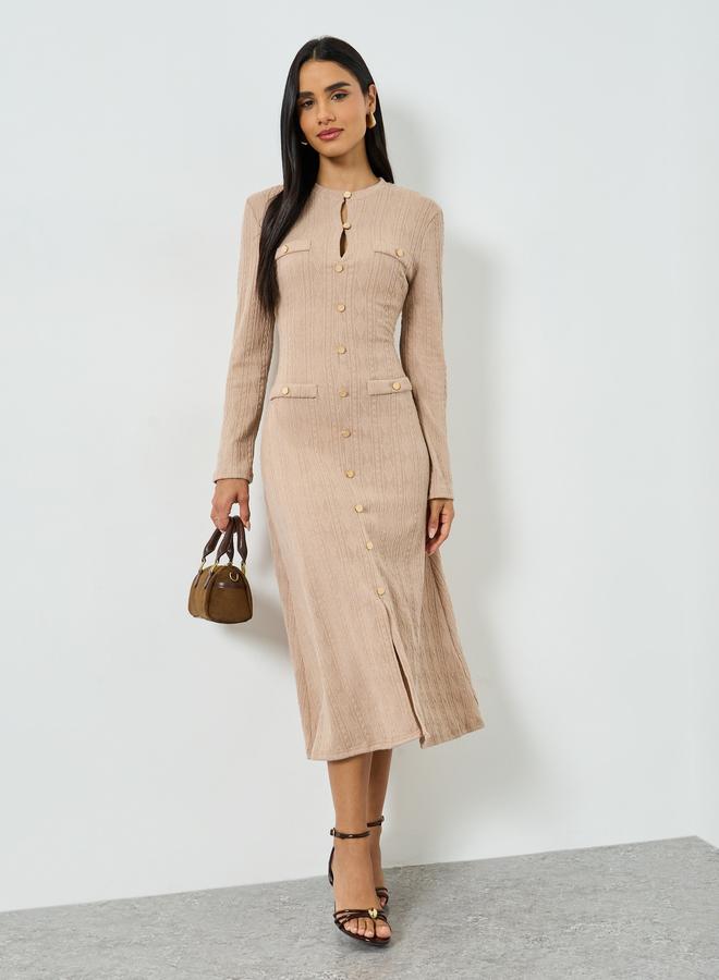 Take Two Women's Solid Texture Button Front Long Sleeve Midi Dress - Image 2