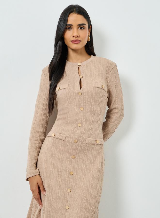 Take Two Women's Solid Texture Button Front Long Sleeve Midi Dress - Image 3