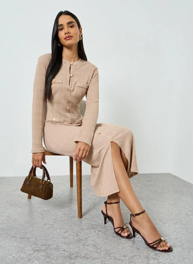 Take Two Women's Solid Texture Button Front Long Sleeve Midi Dress