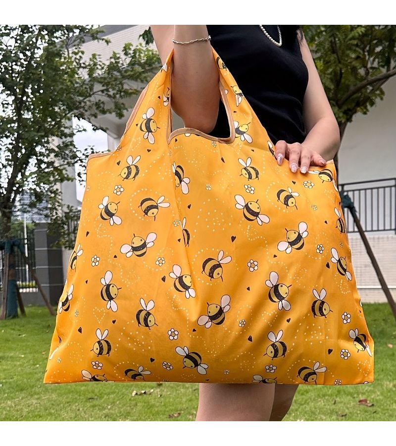 Yellow Cartoon Bee Reusable Grocery Tote Square Oxford Cloth Sturdy Lightweight Spacious Bag - Image 2