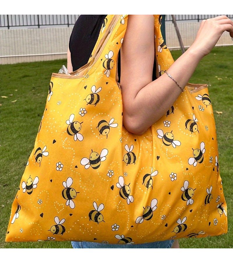 Yellow Cartoon Bee Reusable Grocery Tote Square Oxford Cloth Sturdy Lightweight Spacious Bag - Image 1