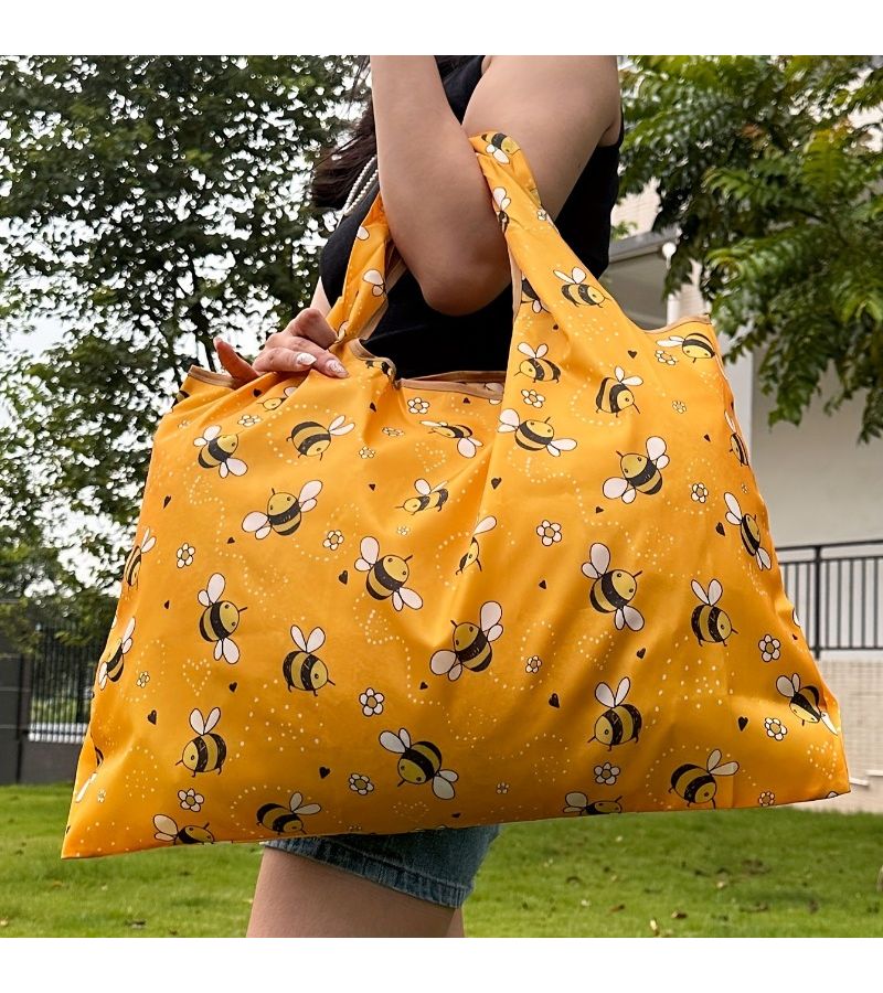 Yellow Cartoon Bee Reusable Grocery Tote Square Oxford Cloth Sturdy Lightweight Spacious Bag - Image 3