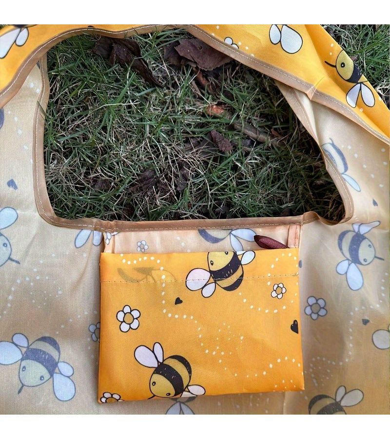 Yellow Cartoon Bee Reusable Grocery Tote Square Oxford Cloth Sturdy Lightweight Spacious Bag - Image 4