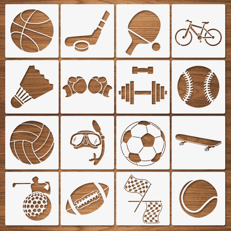 Sports Stencils 16 Pcs Sports Ball Stencils Football Basketball Golf Soccer Baseball Racing Diving Reusable Plastic Template for Painting on Wood Drawings Woodburning Canvas DIY Decor 6x6