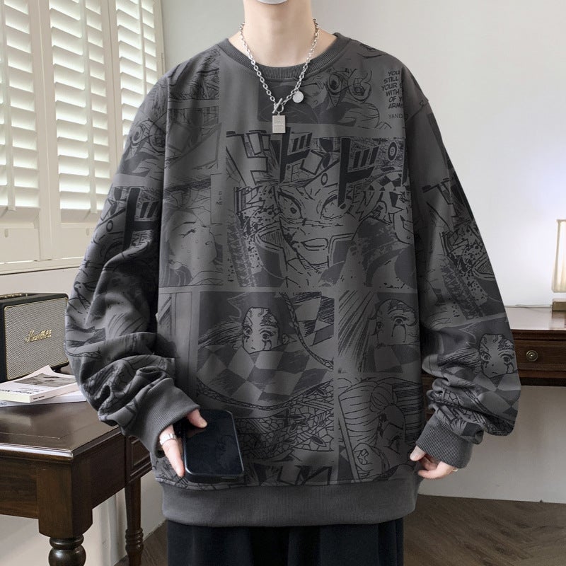 New Full-Print Heavy Autumn Sweatshirt For Teenagers, Loose Long-Sleeve Crew Neck Base Shirt, Oversized And Plus Size Hong Kong Style - Image 3