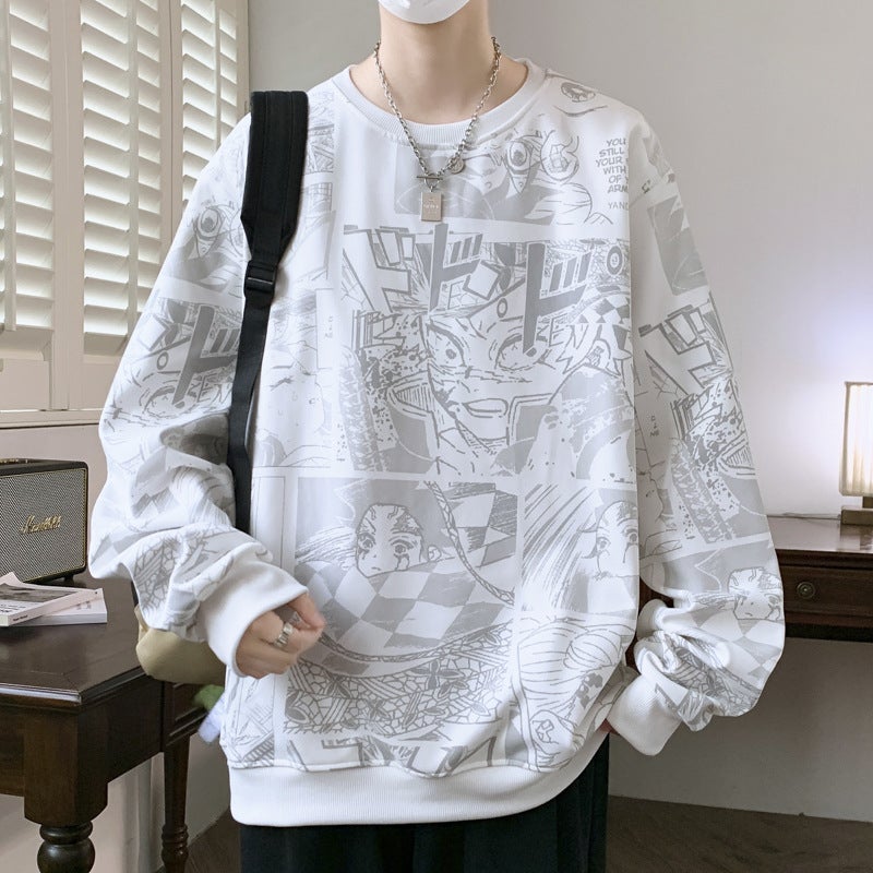 New Full-Print Heavy Autumn Sweatshirt For Teenagers, Loose Long-Sleeve Crew Neck Base Shirt, Oversized And Plus Size Hong Kong Style - Image 1