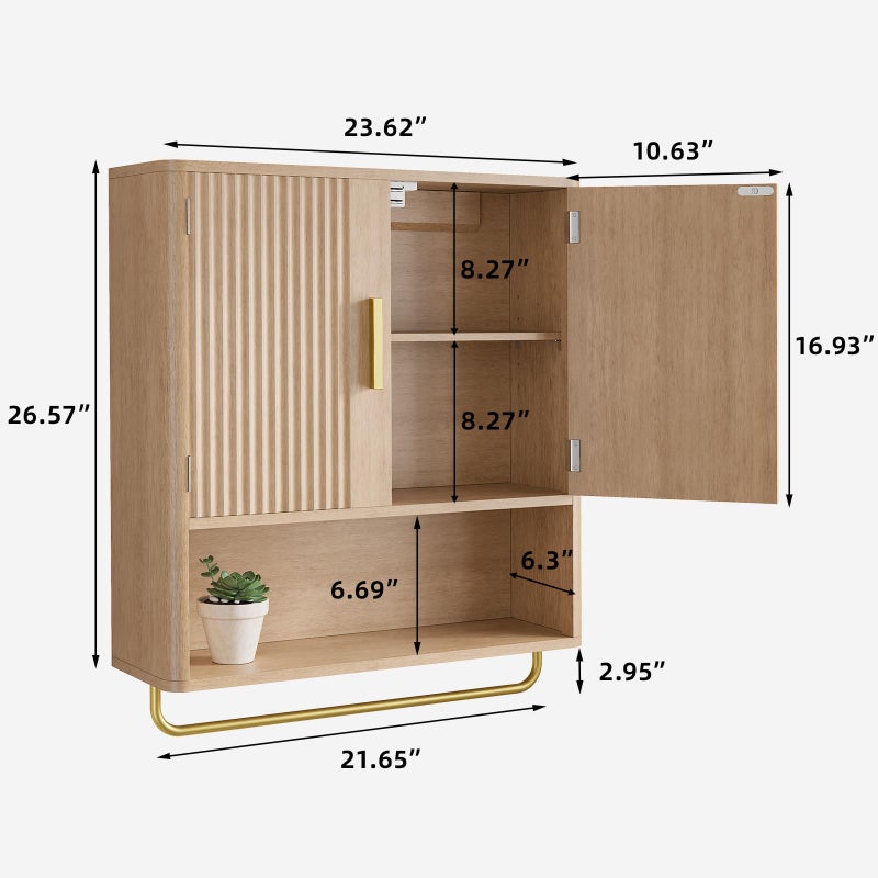 Memobarco Bathroom Cabinet Wall Mount with Fluted Door Panel & Adjustable Shelf, Medicine Cabinet with Open Partition and Towel Bar, Wall Storage Cabinet for Laundry Room & Kitchen (Natural Oak) - Image 2