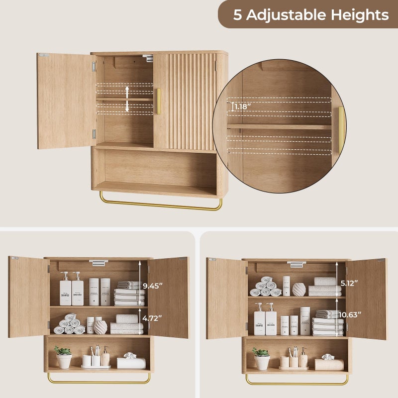 Memobarco Bathroom Cabinet Wall Mount with Fluted Door Panel & Adjustable Shelf, Medicine Cabinet with Open Partition and Towel Bar, Wall Storage Cabinet for Laundry Room & Kitchen (Natural Oak) - Image 4