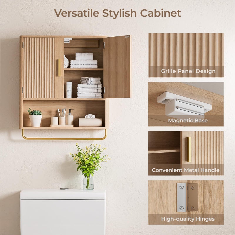 Memobarco Bathroom Cabinet Wall Mount with Fluted Door Panel & Adjustable Shelf, Medicine Cabinet with Open Partition and Towel Bar, Wall Storage Cabinet for Laundry Room & Kitchen (Natural Oak) - Image 3
