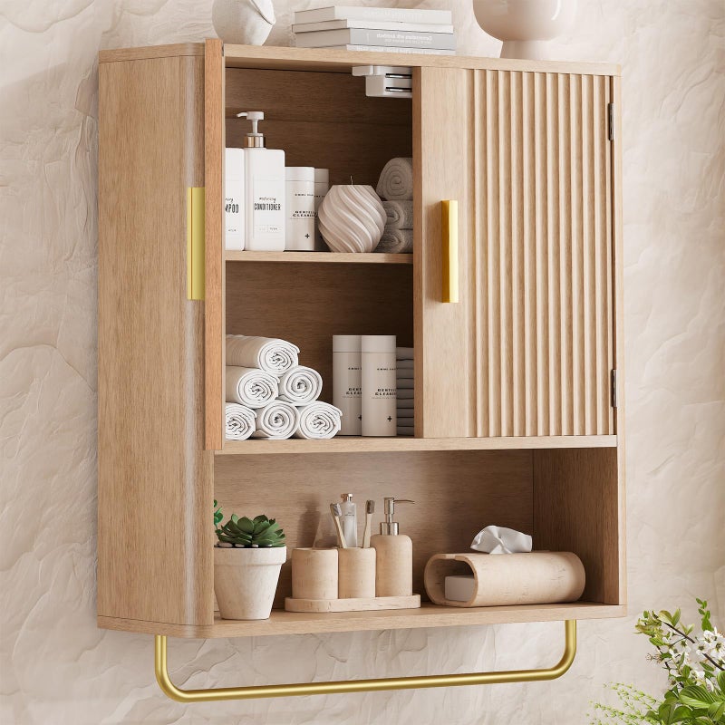 Memobarco Bathroom Cabinet Wall Mount with Fluted Door Panel & Adjustable Shelf, Medicine Cabinet with Open Partition and Towel Bar, Wall Storage Cabinet for Laundry Room & Kitchen (Natural Oak) - Image 1