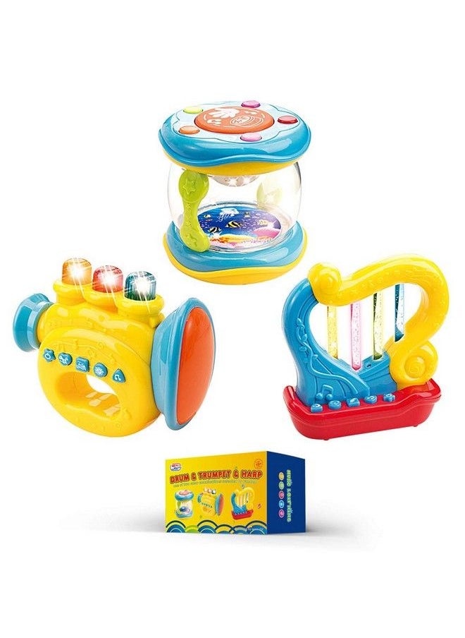 WEofferwhatYOUwant Set Of 3 Trumpet Drum And Harp Music Toys With Batteries ; Musical Instruments For Baby Learning And Entertainments  - Image 1