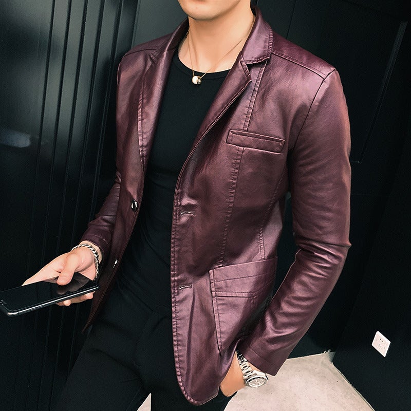 Retro PU Leather Jacket Mens Autumn Brown Red  - Image 1