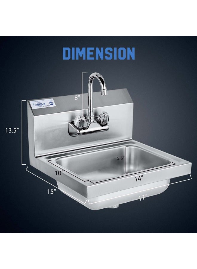 Profeeshaw Stainless Steel Sink Commercial Wall Mounted Hand Washing Basin NSF with Gooseneck Faucet for Kitchen or Bar 17" x 15" - Image 2