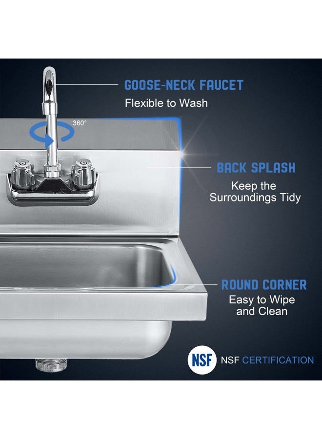Profeeshaw Stainless Steel Sink Commercial Wall Mounted Hand Washing Basin NSF with Gooseneck Faucet for Kitchen or Bar 17" x 15" - Image 3
