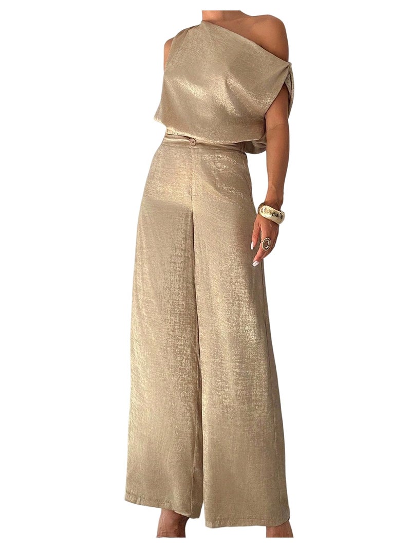 OYOANGLE Women's 2 Piece Outfits Metallic Sleeveless Asymmetrical Crop Blouse and Wide Leg Pants Set Gold Small - Image 1