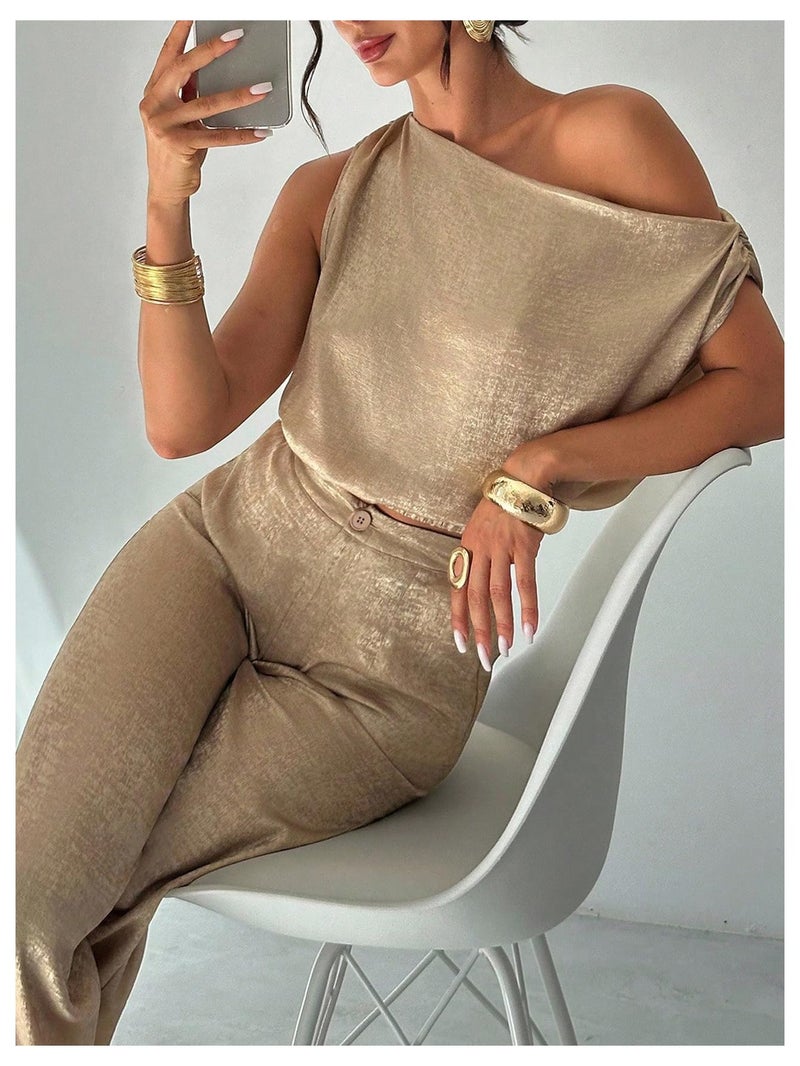 OYOANGLE Women's 2 Piece Outfits Metallic Sleeveless Asymmetrical Crop Blouse and Wide Leg Pants Set Gold Small - Image 4