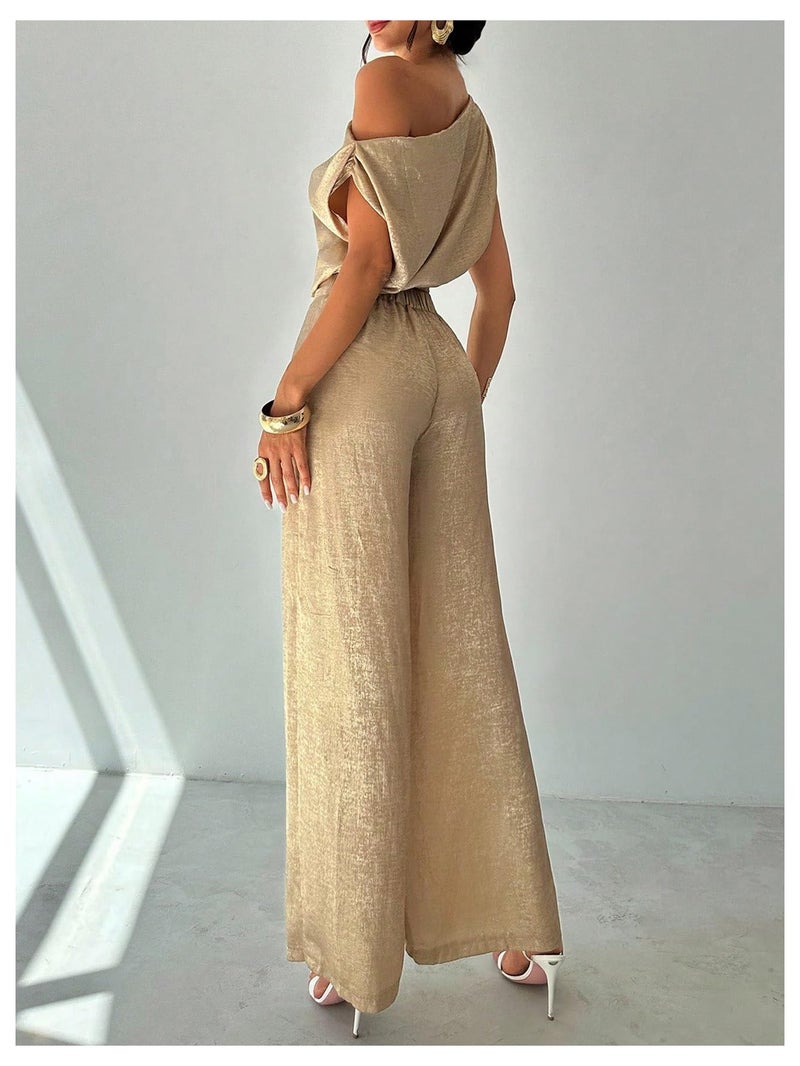 OYOANGLE Women's 2 Piece Outfits Metallic Sleeveless Asymmetrical Crop Blouse and Wide Leg Pants Set Gold Small - Image 2