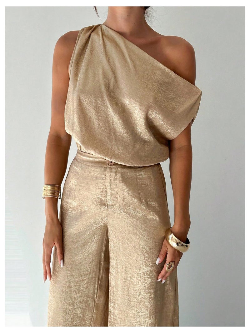 OYOANGLE Women's 2 Piece Outfits Metallic Sleeveless Asymmetrical Crop Blouse and Wide Leg Pants Set Gold Small - Image 3