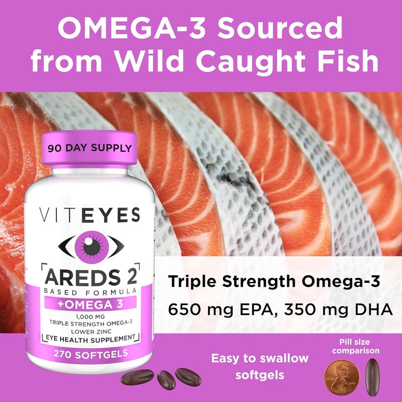 Viteyes AREDS 2  Omega3 Macular Support Softgels Plus Triple Strength Omega3 650 mg EPA 350 mg DHA for Heart Health  Eye Health Eye Vitamins Vision Supplement 270 Softgels - Image 4