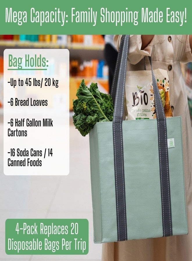 VENO 4 Pack Reusable Grocery Bags Shopping Bags, Small Tote Bag w/Handle & Hard Bottom, Heavy Duty, Foldable Bag Carrier - Green - Image 4