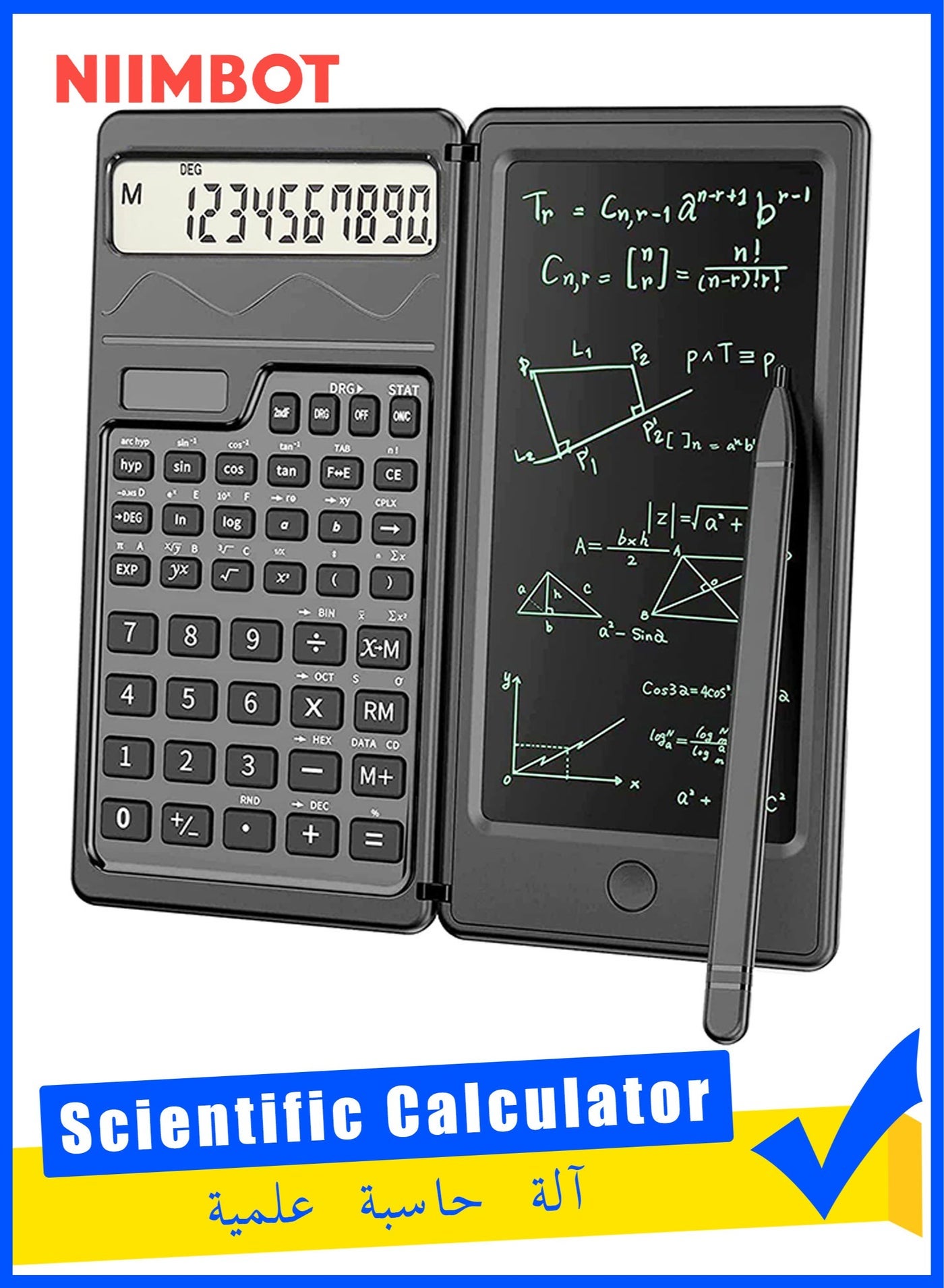 S3 Solar Scientific Calculators with Erasable Writing Tablet,Calculators Handwriting Tablet Electronic LCD Writing Tablet Function Calculator Battery Powered Foldable 10 Digit Desk Calculator for School, Office, Home, Black