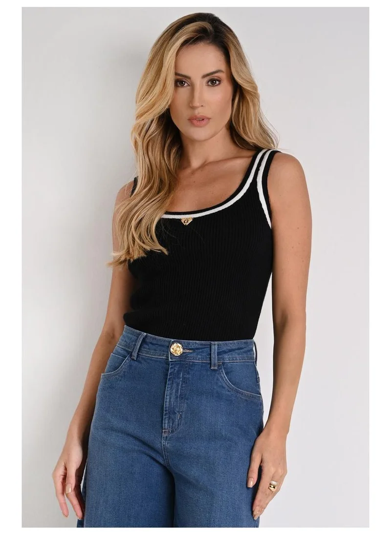 Carmen Steffens Black Metal Ribbed Tank Top