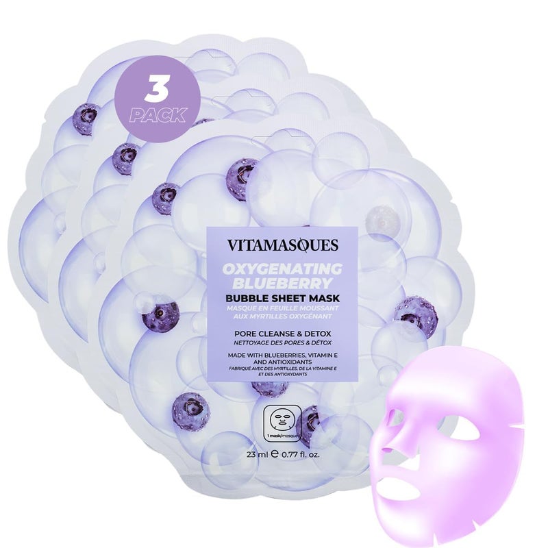 Vitamasques Blueberry Oxygenating Bubble Face Mask, Pore Cleanse and Detox, Deeply cleansing action, with bubbling fun (Pack of 3) - Image 1
