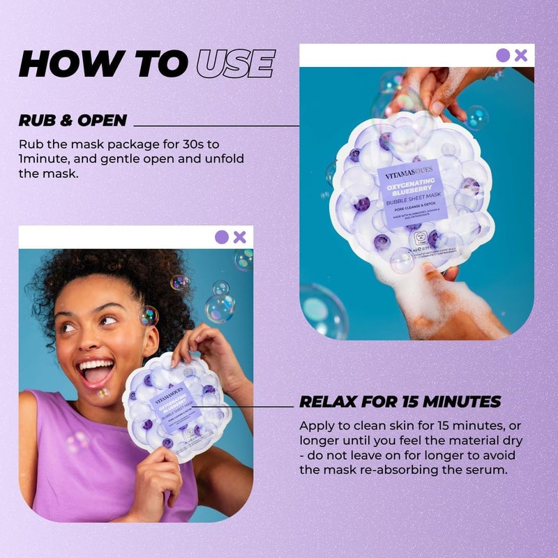 Vitamasques Blueberry Oxygenating Bubble Face Mask, Pore Cleanse and Detox, Deeply cleansing action, with bubbling fun (Pack of 3) - Image 4