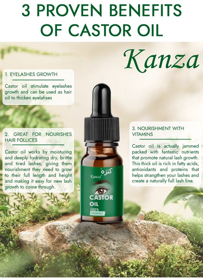 Kanza - 100% Organic Castor Oil with 10Pcs Eyelash Brushes for Eyelashes & Eyebrows Growth Oil Hair Black Castor Oil Natural Cold Pressed Hair Growth Oil Hexane Free Growth Serum for Fuller Thicker Lashes and Brows for Women 10ml - Image 1
