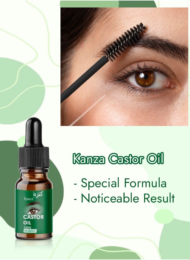 Kanza - 100% Organic Castor Oil with 10Pcs Eyelash Brushes for Eyelashes & Eyebrows Growth Oil Hair Black Castor Oil Natural Cold Pressed Hair Growth Oil Hexane Free Growth Serum for Fuller Thicker Lashes and Brows for Women 10ml - Image 1