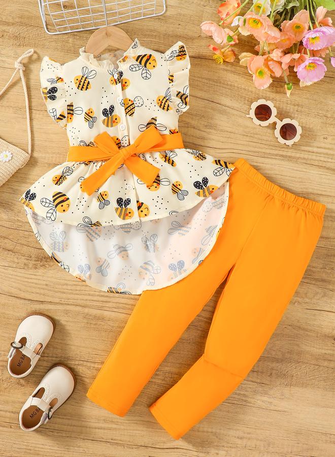 Take Two Girls Bee Print Bow Decor Top and Leggings Set - Image 1