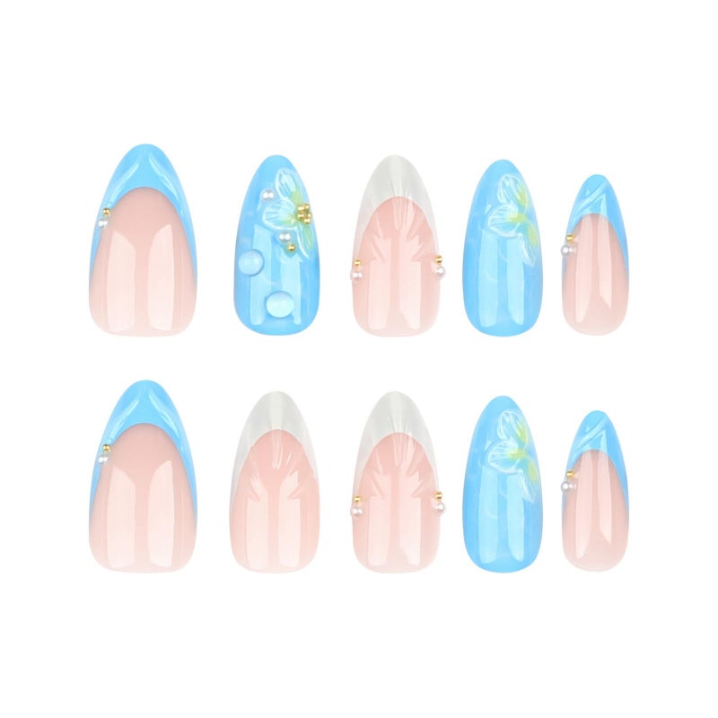 ASABITE 24 Pcs Blue Almond Press on Nails Medium Length Fake Nails 3D Flower and Water Ripple Design Artificial Acrylic Nails Press ons Cute French Tip False Nails Summer Glue-Free Nails for Women - Image 5